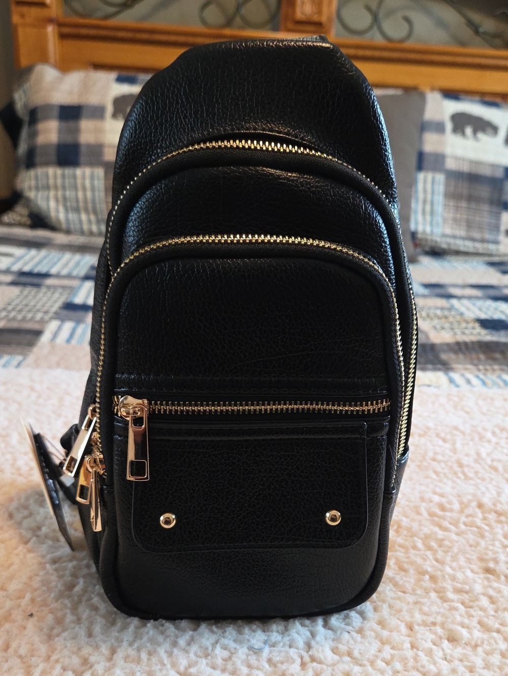 Black Vegan Leather Women's Crossbody Bag with Gold Hardware